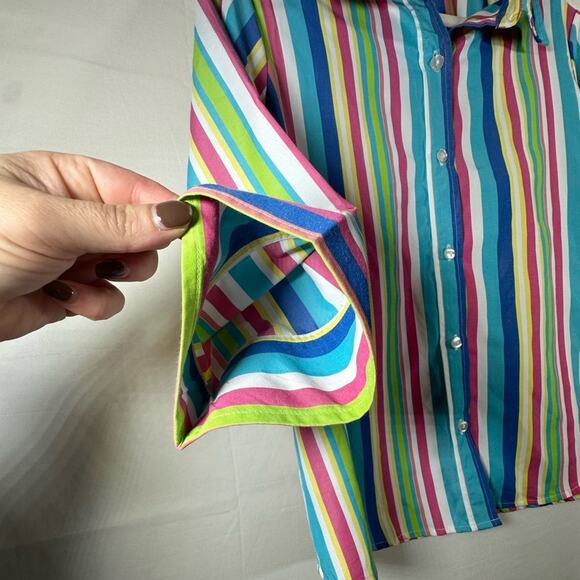 BLAIR Striped Button Down Shirt Top 3/4 Sleeve Womens Sz Large Colorful Rainbow - Picture 6 of 8